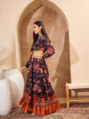 Women Black Floral Wrap Crop Top With Anarkali Skirt