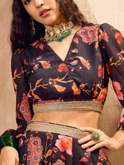 Women Black Floral Wrap Crop Top With Anarkali Skirt
