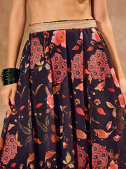 Women Black Floral Wrap Crop Top With Anarkali Skirt