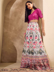 Women Pink Sequins Crop Top With Floral Anarkali Skirt