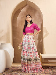 Women Pink Sequins Crop Top With Floral Anarkali Skirt