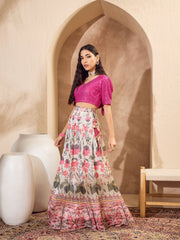 Women Pink Sequins Crop Top With Floral Anarkali Skirt