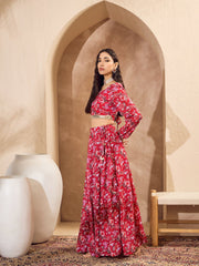 Women Red Floral Round Neck Crop Top With Anarkali Skirt