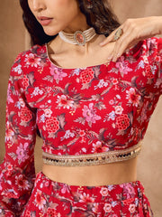 Women Red Floral Round Neck Crop Top With Anarkali Skirt