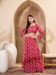 Women Red Floral Round Neck Crop Top With Anarkali Skirt