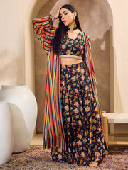 Women Black Floral Crop Top With Anarkali Skirt And Shrug