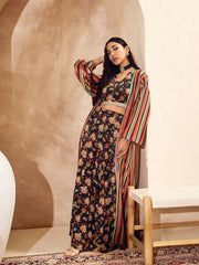 Women Black Floral Crop Top With Anarkali Skirt And Shrug