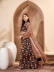 Women Black Floral Crop Top With Anarkali Skirt And Shrug