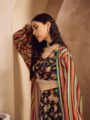 Women Black Floral Crop Top With Anarkali Skirt And Shrug