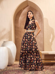 Women Black Floral Crop Top With Anarkali Skirt And Shrug