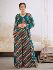 Women Green Floral Crop Top With Palazzo Pants & Shrug