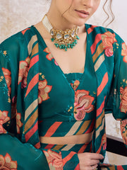 Women Green Floral Crop Top With Palazzo Pants & Shrug