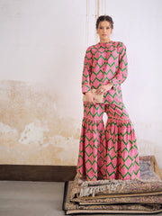 Women Green Kasturi Crepe Front Button Top With Sharara Pants