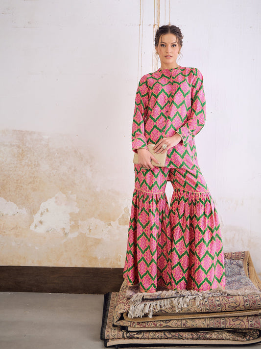 Shae by SASSAFRAS - Women Green Kasturi Crepe Front Button Top With Sharara Pants