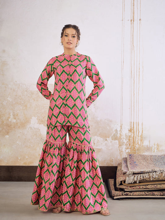 Shae by SASSAFRAS - Women Green Kasturi Crepe Front Button Top With Sharara Pants