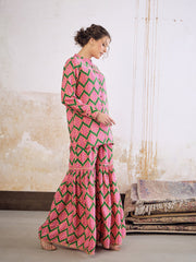 Women Green Kasturi Crepe Front Button Top With Sharara Pants