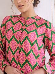 Women Green Kasturi Crepe Front Button Top With Sharara Pants