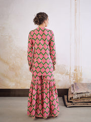 Women Green Kasturi Crepe Front Button Top With Sharara Pants