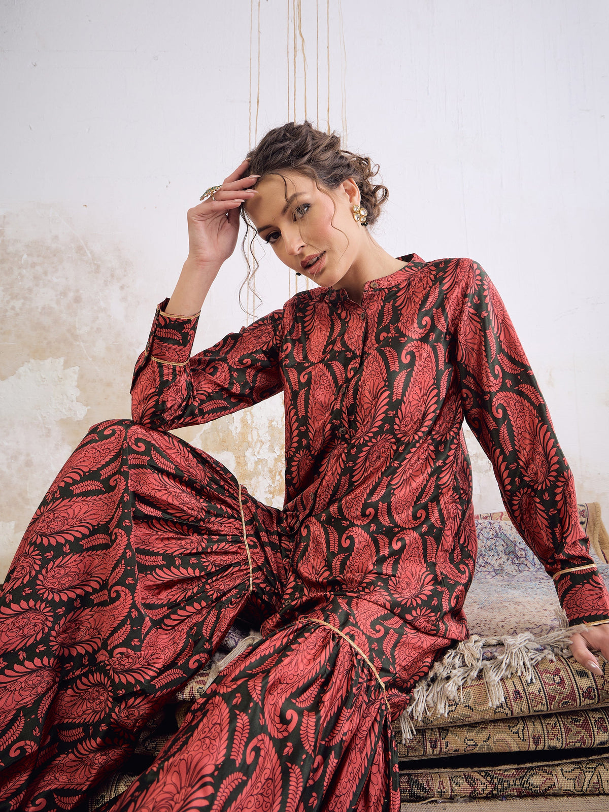 Women Emerald Kasturi Crepe Front Button Top With Sharara Pants