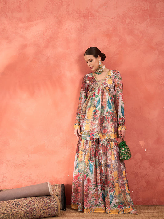White Multi Floral Peplum Top With Sharara Pants -Shae by SASSAFRAS