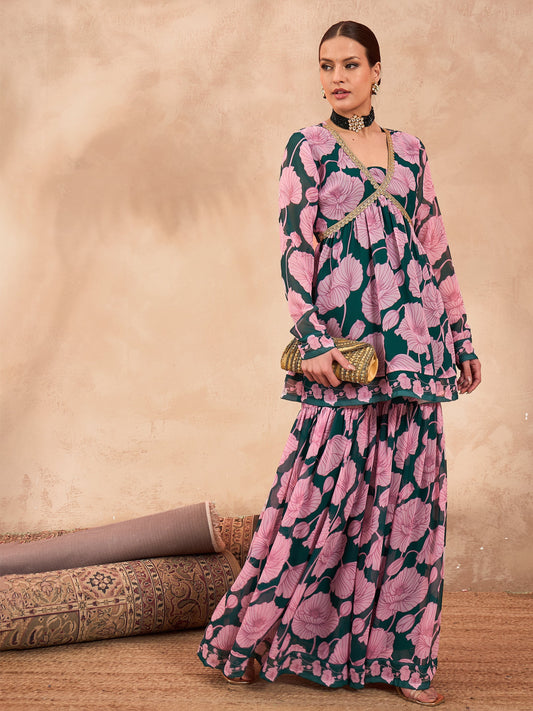 Women Green & Pink Floral Peplum Top With Sharara Pants