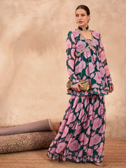 Women Green & Pink Floral Peplum Top With Sharara Pants