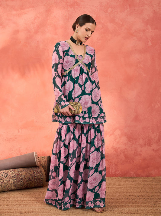 Women Green & Pink Floral Peplum Top With Sharara Pants