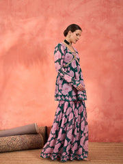 Women Green & Pink Floral Peplum Top With Sharara Pants