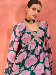 Women Green & Pink Floral Peplum Top With Sharara Pants