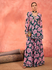Women Green & Pink Floral Peplum Top With Sharara Pants