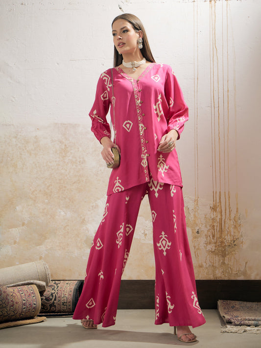 Women Pink & White Ethnic Motif Rayon Shirt With Palazzos