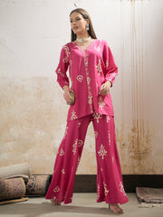 Women Pink & White Ethnic Motif Rayon Shirt With Palazzos