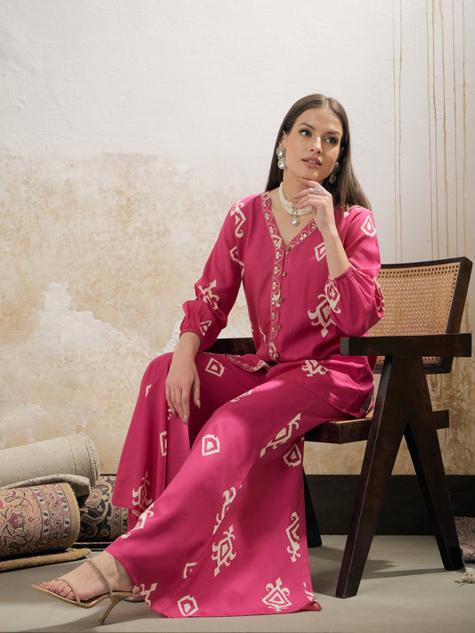 Women Pink & White Ethnic Motif Rayon Shirt With Palazzos