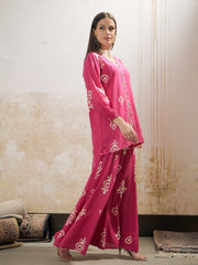 Women Pink & White Ethnic Motif Rayon Shirt With Palazzos