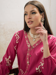 Women Pink & White Ethnic Motif Rayon Shirt With Palazzos