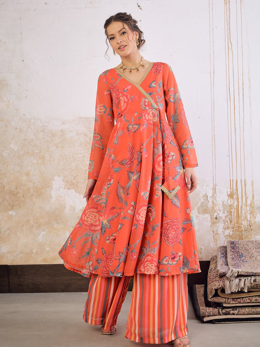 Women Red Floral Wrap Anarkali Kurta With Stripes Palazzo