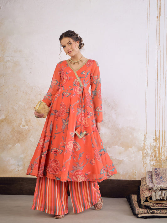 Women Red Floral Wrap Anarkali Kurta With Stripes Palazzo