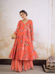 Women Red Floral Wrap Anarkali Kurta With Stripes Palazzo