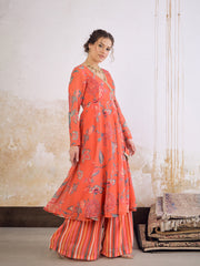 Women Red Floral Wrap Anarkali Kurta With Stripes Palazzo