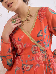 Women Red Floral Wrap Anarkali Kurta With Stripes Palazzo