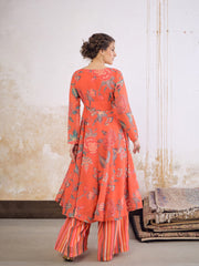 Women Red Floral Wrap Anarkali Kurta With Stripes Palazzo