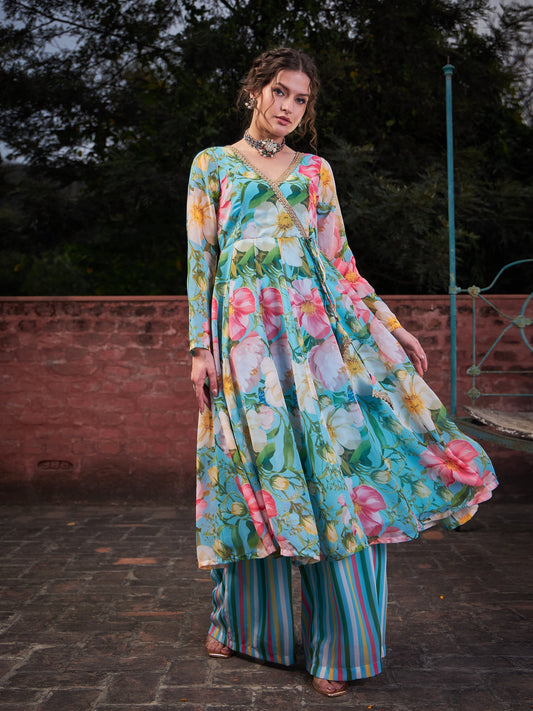Women Aqua Blue Floral Wrap Anarkali Kurta With Stripes Palazzo
