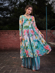 Women Aqua Blue Floral Wrap Anarkali Kurta With Stripes Palazzo