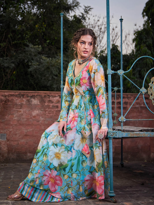 Women Aqua Blue Floral Wrap Anarkali Kurta With Stripes Palazzo