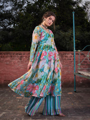 Women Aqua Blue Floral Wrap Anarkali Kurta With Stripes Palazzo