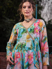 Women Aqua Blue Floral Wrap Anarkali Kurta With Stripes Palazzo