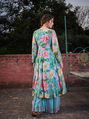 Women Aqua Blue Floral Wrap Anarkali Kurta With Stripes Palazzo