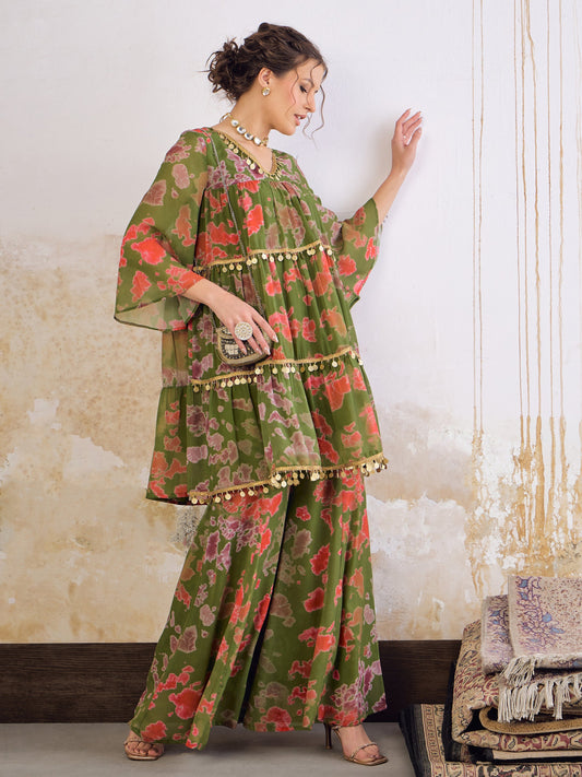 Women Green Tie & Dye Coin Lace Tired Kurta With Sharara Pants
