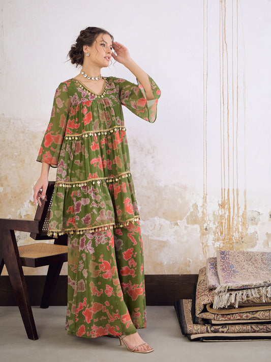 Women Green Tie & Dye Coin Lace Tired Kurta With Sharara Pants
