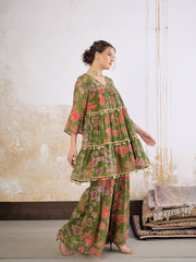 Women Green Tie & Dye Coin Lace Tired Kurta With Sharara Pants
